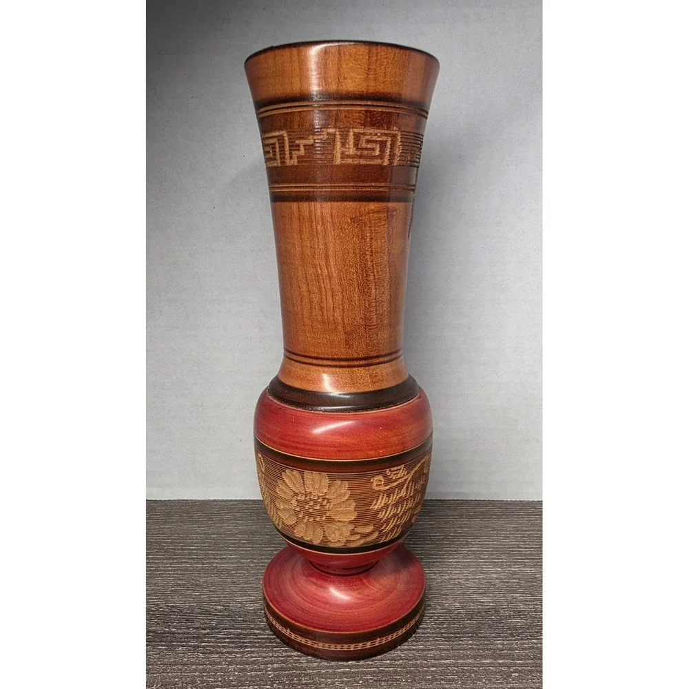 Vintage Hand Carved Wooden Bud Vase Floral Etched Two Tone Brown Red 8